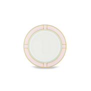 A round ceramic plate with a wide pale pink outer rim, a pale green inner ring, and a thin gold line, centered on a white background.