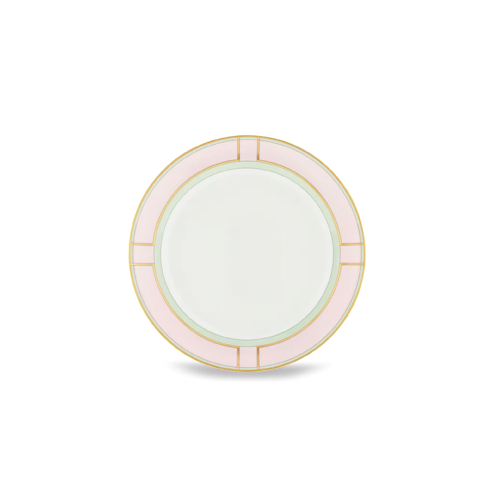 A round ceramic plate with a wide pale pink outer rim, a pale green inner ring, and a thin gold line, centered on a white background.