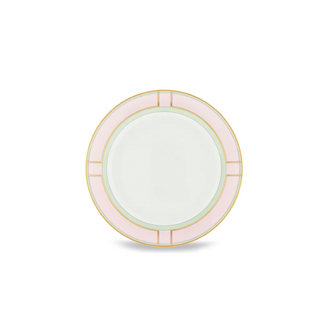 A round ceramic plate with a wide pale pink outer rim, a pale green inner ring, and a thin gold line, centered on a white background.