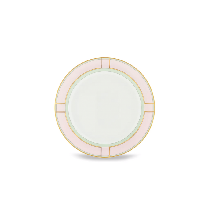 A round ceramic plate with a wide pale pink outer rim, a pale green inner ring, and a thin gold line, centered on a white background.