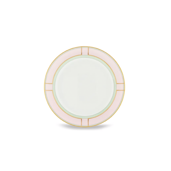 A round ceramic plate with a wide pale pink outer rim, a pale green inner ring, and a thin gold line, centered on a white background.
