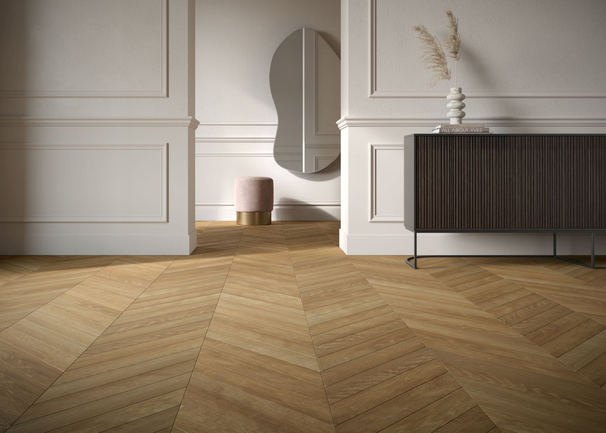 Corà European oak parquet in a geometric floor layout at Archideco Interior Gallery, Riga