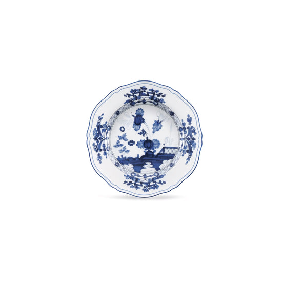 A round ceramic bowl with a scalloped rim, featuring a classic blue and white Chinese porcelain landscape pattern, shown against a plain white background.