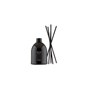 A black reed diffuser bottle with gold lettering next to six black reed sticks, set against a plain white background.