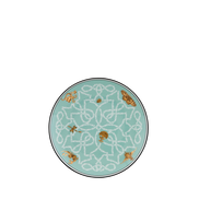 A round ceramic plate with a mint green background, featuring a white geometric pattern and several golden-brown bees, shown on a plain white background.