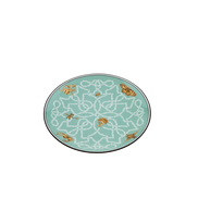 An oval ceramic plate with a mint green background, featuring a white geometric knot pattern and gold butterflies, set against a plain white background.