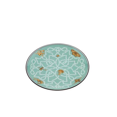 An oval ceramic plate with a mint green background, featuring a white geometric knot pattern and gold butterflies, set against a plain white background.