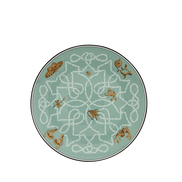 A round ceramic plate with a sage green background, featuring a white geometric pattern and brown illustrations of butterflies and flowers, finished with a thin black rim.