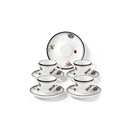 A six-piece white porcelain coffee or tea set with matching saucers, featuring hand-painted floral and insect motifs in black, blue, red, and orange, with thin black rims.