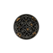 A round black decorative plate featuring intricate white and gold patterns, including stylized lions and floral motifs, centered on a plain white background.