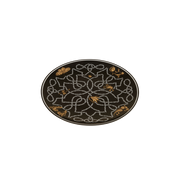 An oval black rug featuring an intricate white geometric pattern and scattered gold floral accents, shown against a plain white background.