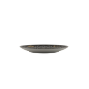A dark gray ceramic plate with a white floral pattern and gold accents, shown from a side profile on a solid white background.