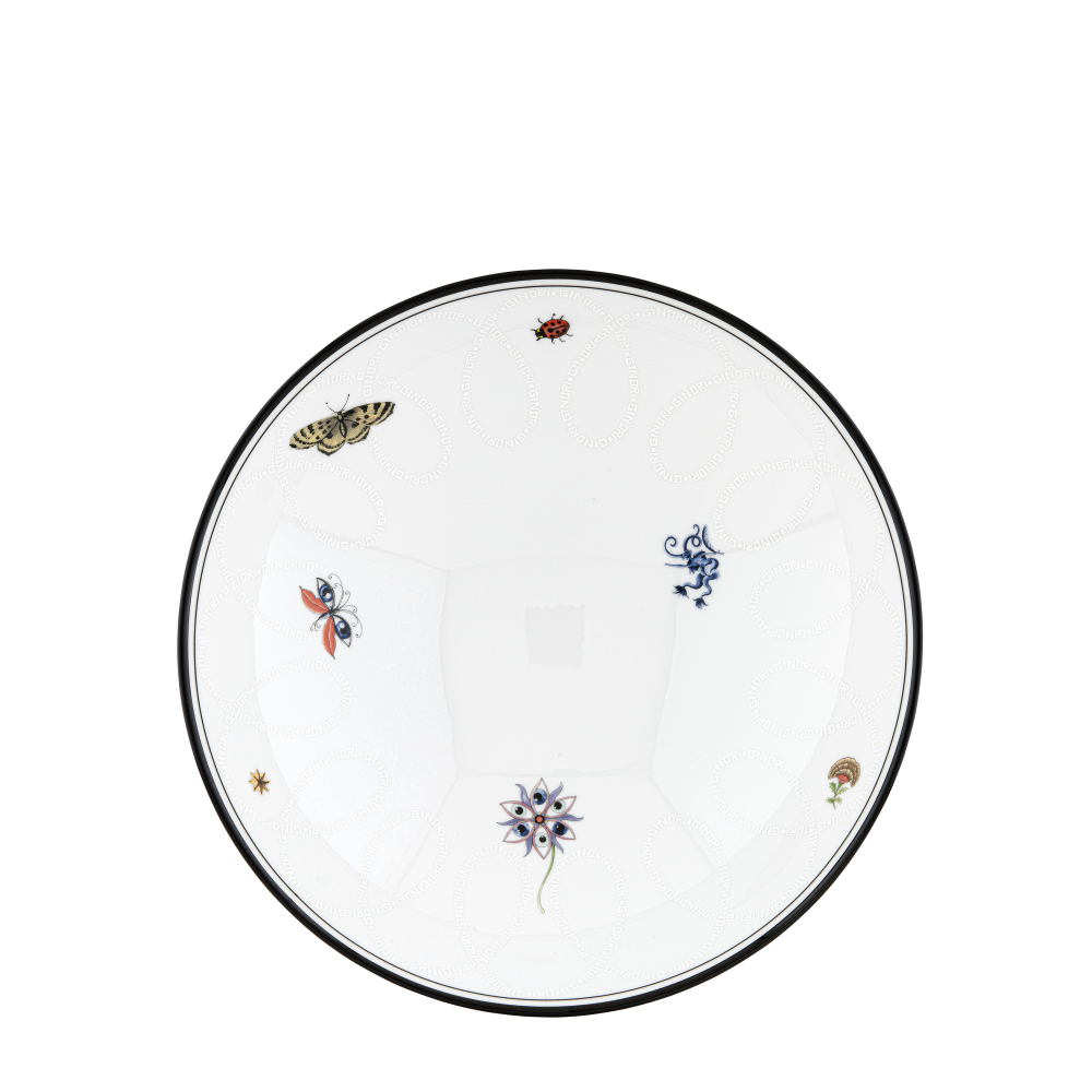 A white ceramic plate with a black rim, decorated with various colorful illustrations including butterflies, a ladybug, flowers, and small insects, shown from a top-down view on a white background.