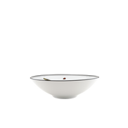 A white ceramic bowl with a thin black rim and small decorative insect motifs inside, shown on a plain white background.