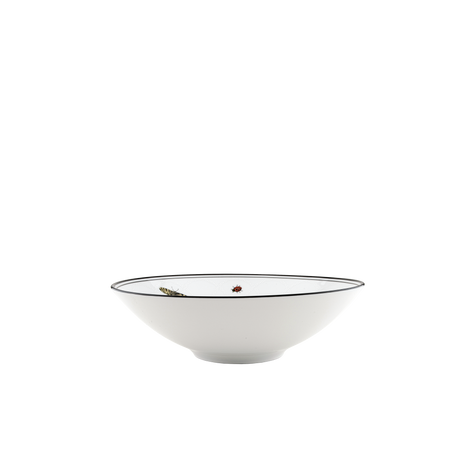 A white ceramic bowl with a thin black rim and small decorative insect motifs inside, shown on a plain white background.