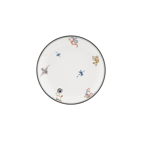 A white ceramic plate with a thin black rim, decorated with small, colorful hand-painted motifs including a blue dragonfly, a brown monkey, and a red snake, shown on a plain white background.