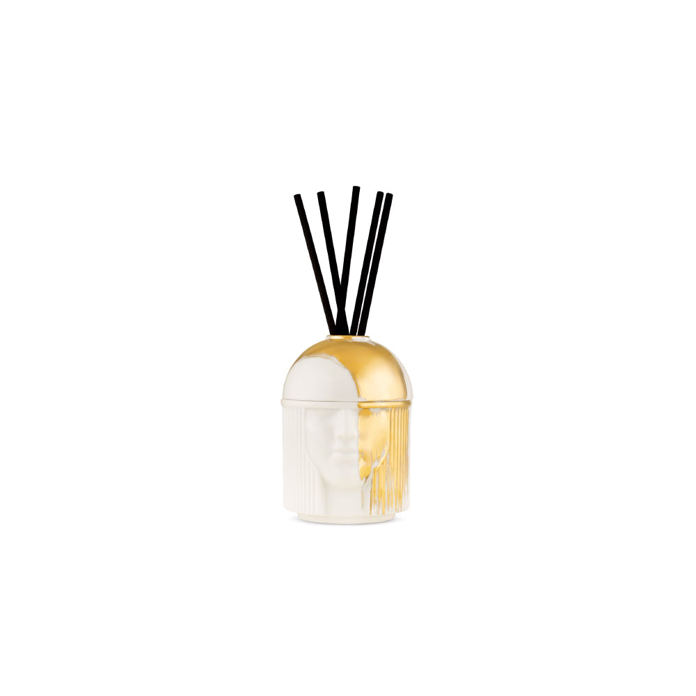 A reed diffuser bottle with a clear glass body, a gold arched cap, and black reeds, centered on a plain white background.