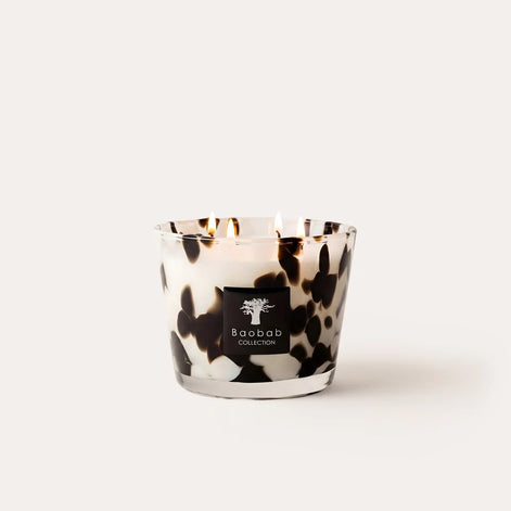 Limited edition Baobab Collection Black Pearls scented candle with hand-blown glass and the brand's iconic fragrance of ginger and black rose. Available in Max 10, Max 16, and Max 24 sizes for elegant home fragrance and sophisticated interiors. Archideco Interior Gallery | archideco-interior.com