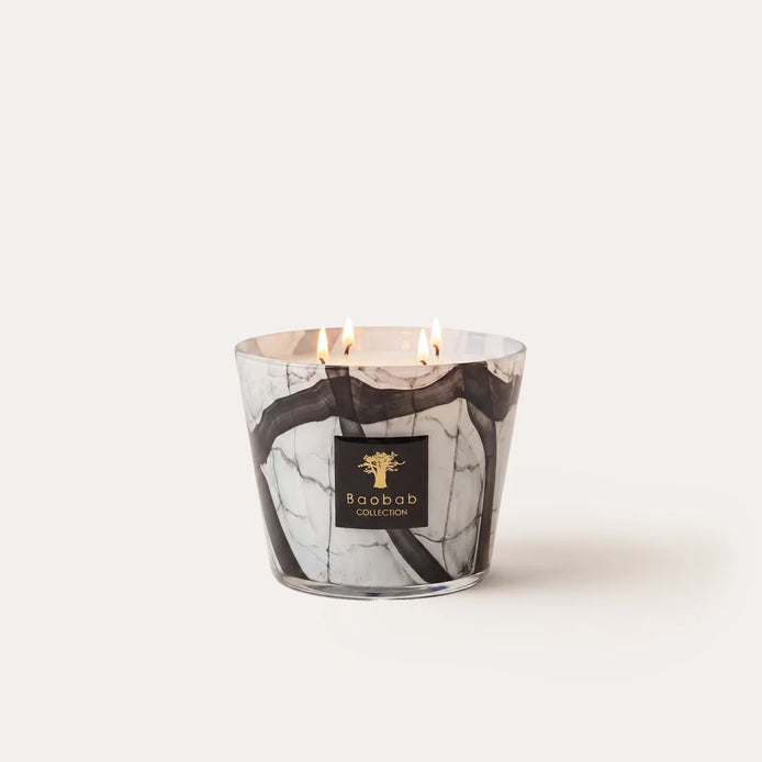 Baobab Collection Stones Marble scented candle. Hand-blown marble-effect glass with four cotton wicks and an elegant leather and rose fragrance for sophisticated interiors and luxury gifting. Archideco Interior Gallery | archideco-interior.com