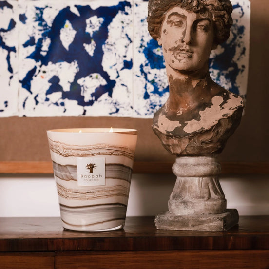 Baobab Collection Sand Sonora scented candle. Hand-blown glass with warm saffron, myrrh, and patchouli fragrance. Available in Max 10 and Max 16 sizes for elegant home fragrance and luxury interiors. At Archideco Interior Gallery - archideco-interior.com