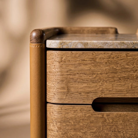 The Jacques Bedside Table by Medea 1905, designed as part of the Tara Bernerd for Medea 1905 Collection, combines architectural simplicity with sophisticated material detailing and a distinctly crafted character.