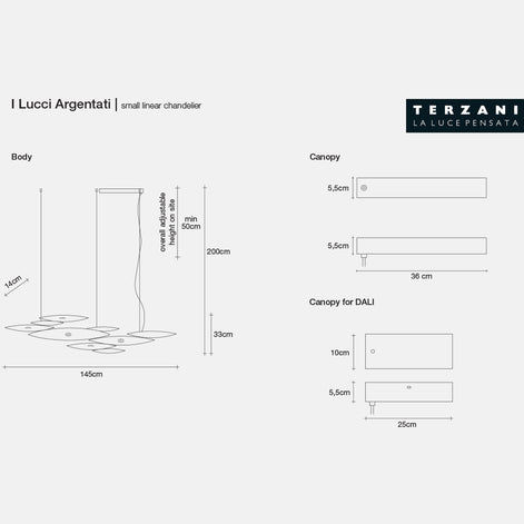 Technical dimension diagram for the Terzani I Lucci Argentati small linear chandelier, showing body measurements, canopy dimensions, and canopy for DALI on a light gray background.