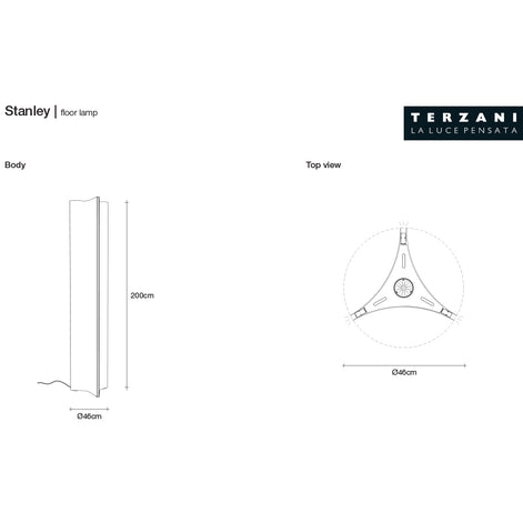 Technical dimension diagram of the Stanley floor lamp by Terzani, showing a side profile with height 200cm and diameter 460mm, plus a top view with a circular footprint of 460mm diameter.