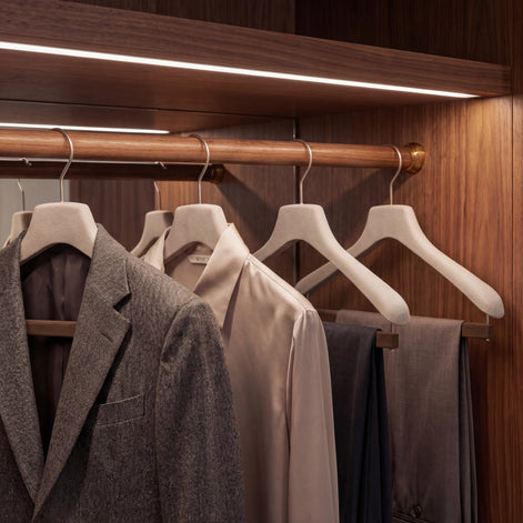 Hanger for shirts, polos and pullovers with a velvet covered bar for trousers
