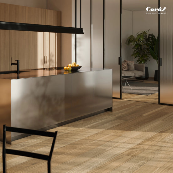 Corà Collezione 190 Polvere taupe beige brushed European oak parquet with matt UV Oil finish at Archideco Riga