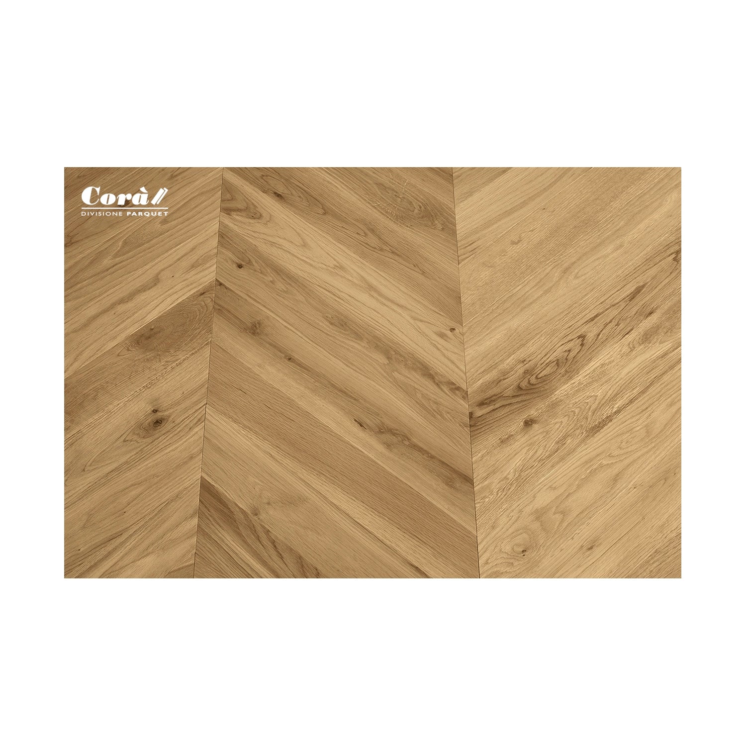 Corà Rovere Sensi Crystal Touch Natural European oak parquet in a chevron-style layout from Archideco Riga