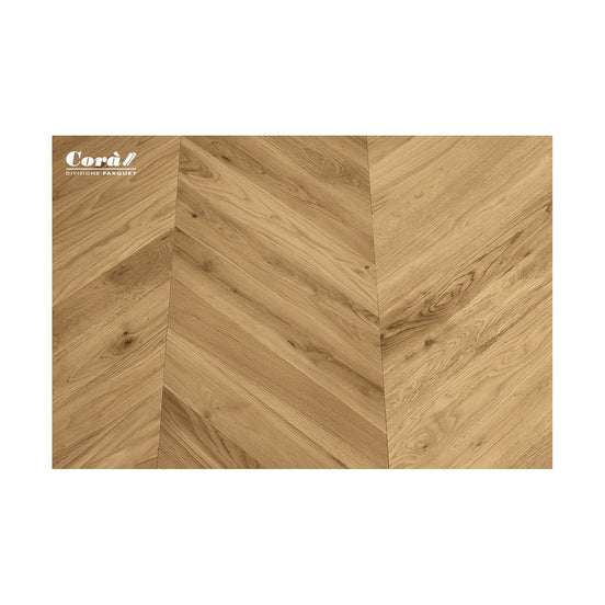 Corà Rovere Sensi Crystal Touch Natural European oak parquet in a chevron-style layout from Archideco Riga