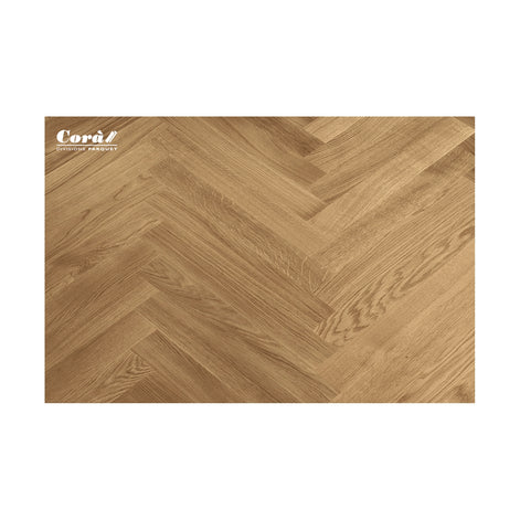 Corà Rovere Sensi Crystal Touch Natural European oak parquet in a chevron-style layout from Archideco Riga