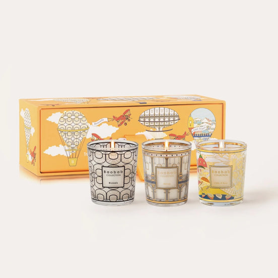 Limited edition Baobab Collection Trio Travel scented candle gift set featuring Brussels, Roma, and Saint-Tropez. Discover woody, spicy, and fresh gourmand fragrances inspired by Europe's most iconic destinations in an elegant collector's gift box. Archideco Interior Gallery archideco-interior.com