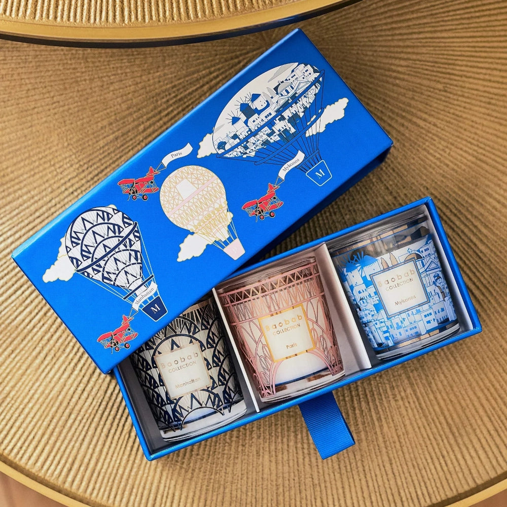 Trio travel candles Manhattaan-Paris-Mykonos