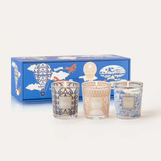 Limited edition Baobab Collection Trio Travel scented candle gift set featuring Manhattan, Paris, and Mykonos. Discover aromatic, floral, and Mediterranean fragrances inspired by three iconic destinations in an elegant collector's gift box. Archideco Interior Gallery | archideco-interior.com