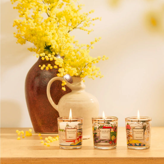 Limited edition Baobab Collection Trio Travel "Cap vers le Sud" gift set featuring Provence, Monaco, and Côte d'Azur scented candles. Discover Mediterranean fragrances inspired by lavender fields, citrus groves, and the elegance of the French Riviera. Archideco Interior Gallery | archideco-interior.com