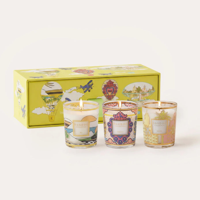 Limited edition Baobab Collection Trio Travel scented candle gift set featuring Rio, Mexico, and Miami. Discover tropical, gourmand, and woody fragrances in three elegant candles inspired by Latin America and South Beach. Archideco Interior Gallery | archideco-interior.com