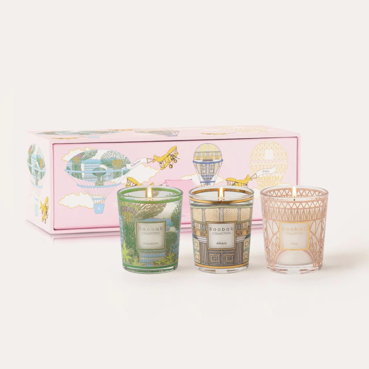 Limited Baobab Collection Trio Travel scented candle gift set featuring Singapore, Athens, and Paris fragrances. Discover botanical marine, Mediterranean, and elegant floral scents in three beautifully crafted decorative candles. At Archideco Interior Gallery archideco-interior.com