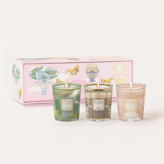 Limited Baobab Collection Trio Travel scented candle gift set featuring Singapore, Athens, and Paris fragrances. Discover botanical marine, Mediterranean, and elegant floral scents in three beautifully crafted decorative candles. At Archideco Interior Gallery archideco-interior.com