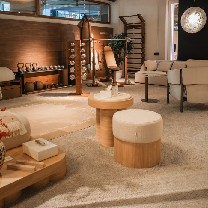 Alassion Pouf by Dom Edizioni, outdoor sofa and armchair by Myface, PENT luxury fitness equipment at Archideco Interior Gallery