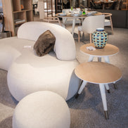 Bombo Pouf, Doem sofa, Cupertino table, Ginori 1735 vase by Dom Edizioni at Archideco Interior Gallery