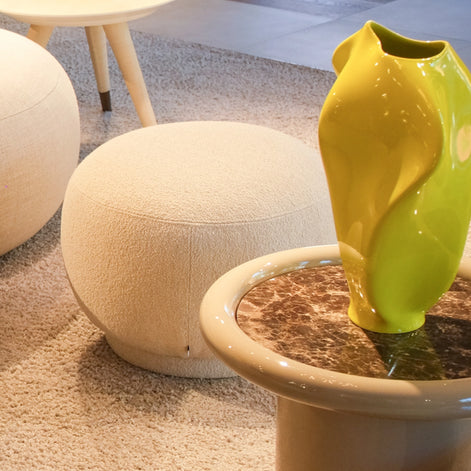 Bombo Pouf, Doem sofa, Cupertino table by Dom Edizioni at Archideco Interior Gallery