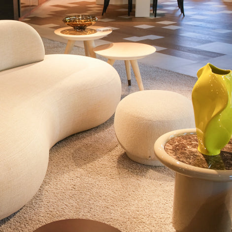Bombo Pouf, Doem sofa, Cupertino table by Dom Edizioni at Archideco Interior Gallery
