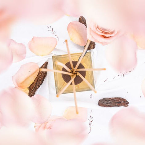 A square gold-toned hoeme perfume diffuser 'Rose Oud' Euthalia Fragrances at Archideco Interior Gallery.