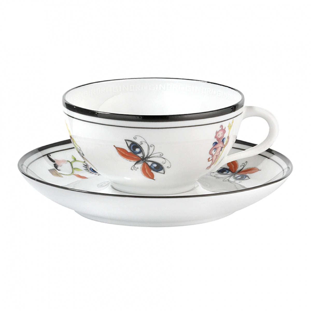 A white porcelain teacup and saucer set with delicate black rim detailing and colorful painted floral and butterfly motifs, shown on a plain white background.