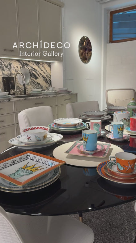 Ginori 1735 Nettuno Collection, Andrea Dinner Table by Dom Edizioni, Officine Gullo custom-made kitchen at Archideco Interior Gallery